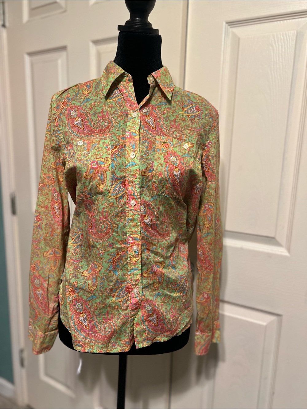 Ralph Lauren Petite Paisley Button-Up Shirt in Green, Coral and Blue